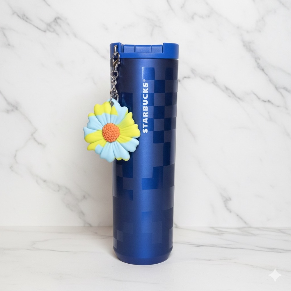 NWT Starbucks 2024 Sapphire Blue Checkered 16oz Stainless Steel Tumbler w/Charm